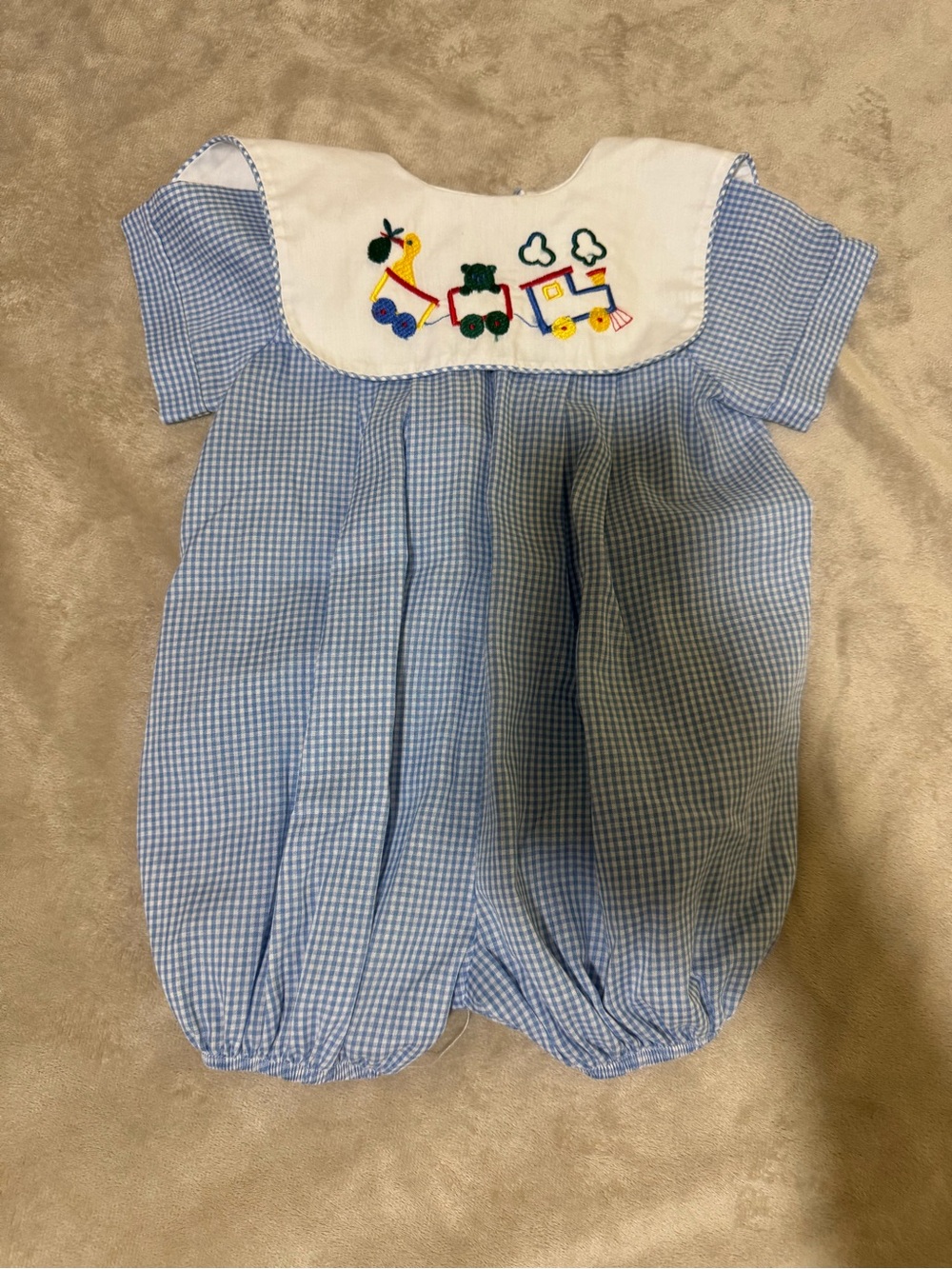 Alexis Blue and White Gingham Baby One-Piece with Embroidered Train